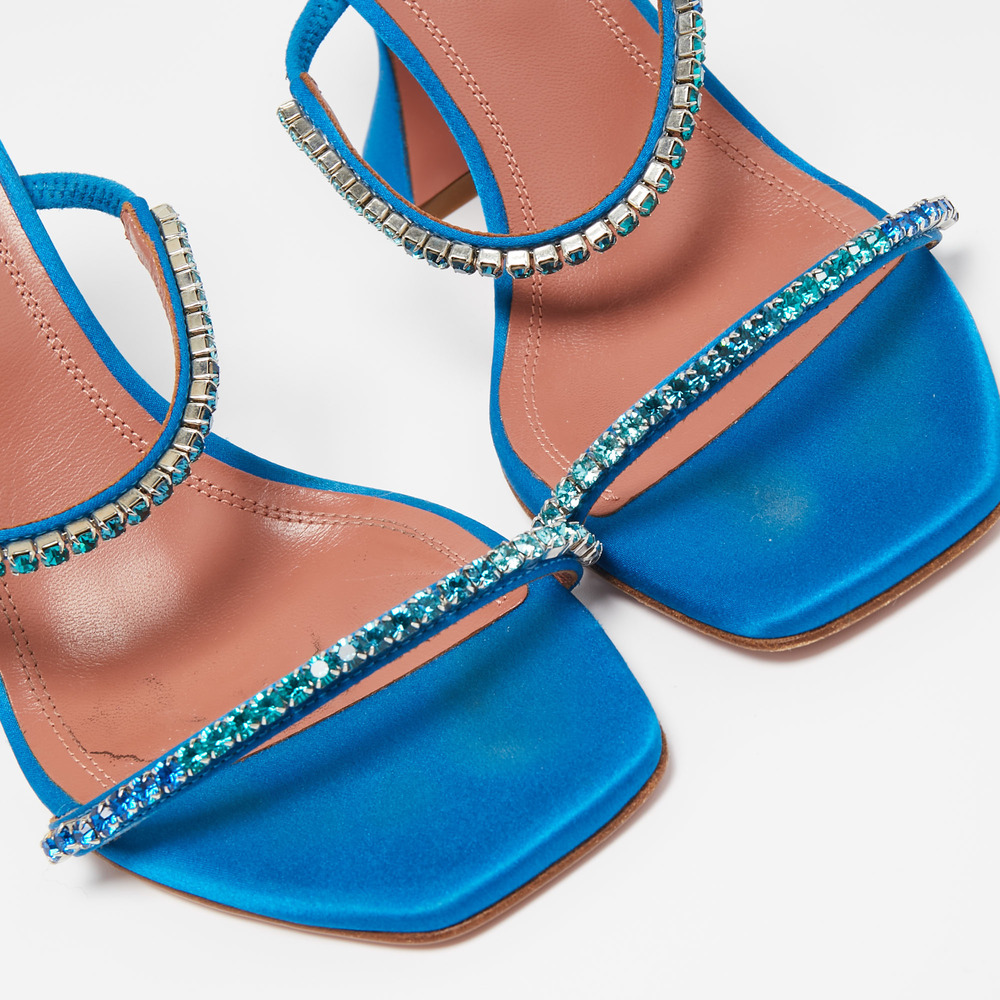 Amina Muaddi Blue Satin Crystal Gilda  Sandals Size 37.5 - Picture 7 of 8